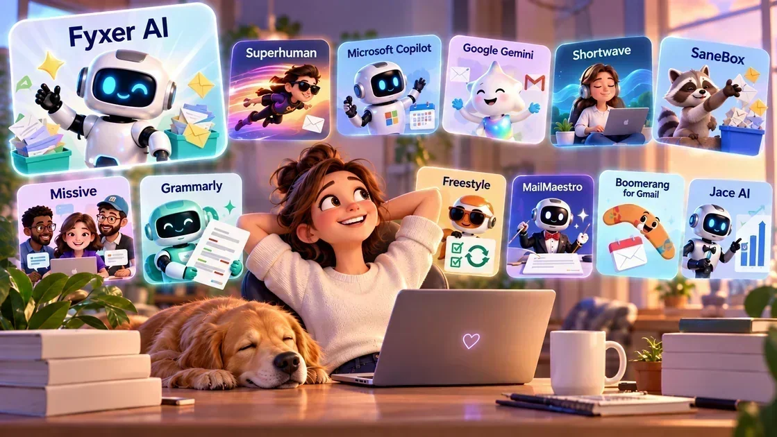 A smiling woman at a laptop with a sleeping dog is surrounded by floating icons for AI email tools including Fyxer AI, Superhuman, Microsoft Copilot, and Grammarly.