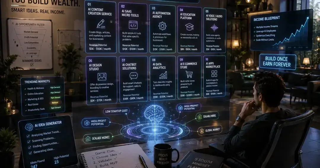 AI business income blueprint showing 10 models with monthly revenue potential from $3k to $100k — 2026
