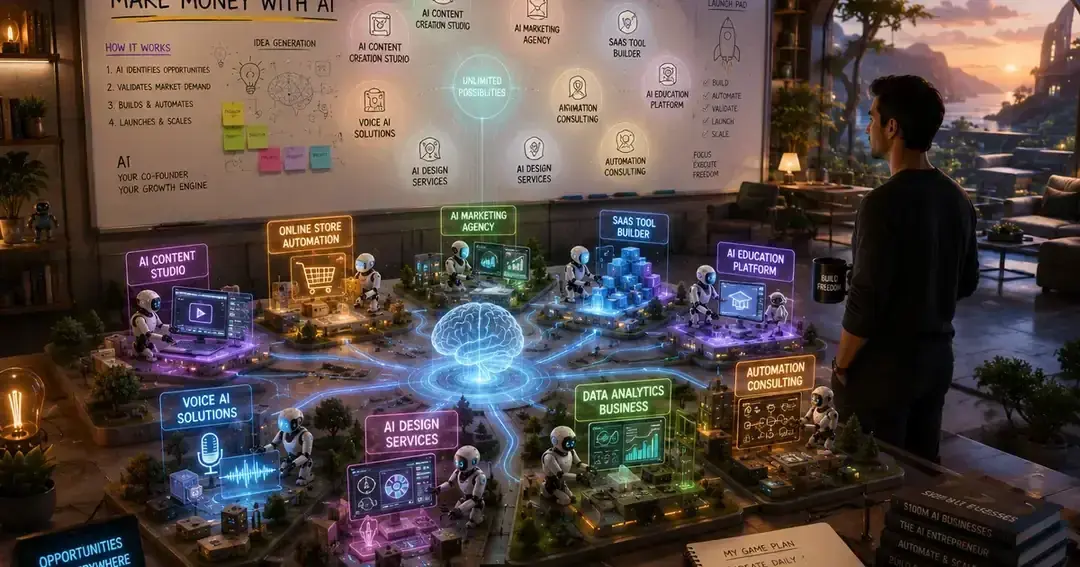 AI business ideas map with AI working across content marketing design voice data and automation services — 2026