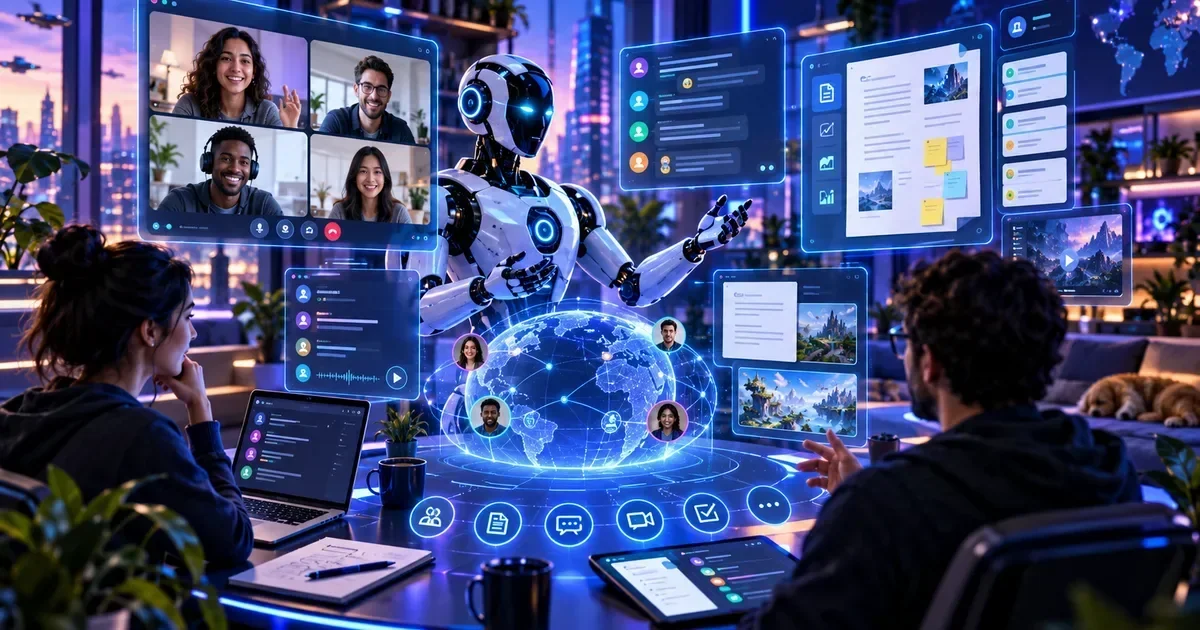 A robot presents floating holographic screens showing a video call, chat, and documents to two people seated at a desk.