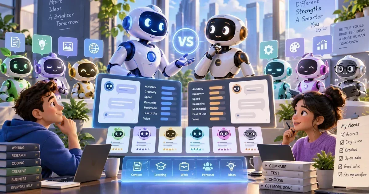Two large robots face off with a VS icon above comparison dashboards rating accuracy, creativity, and speed, while a young man and woman work on laptops surrounded by smaller chatbot robots and f