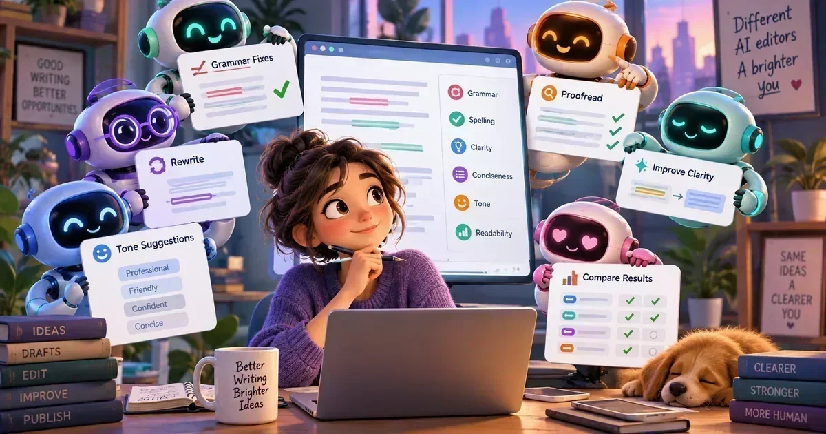 A woman at a laptop is surrounded by cute robots holding cards for grammar, proofreading, tone, and clarity edits.