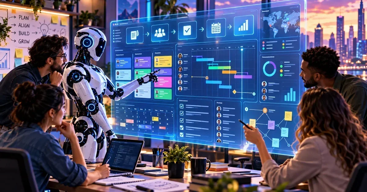 A humanoid robot points at a large blue holographic dashboard displaying Gantt charts and task cards as four diverse colleagues watch in a modern office at sunset.