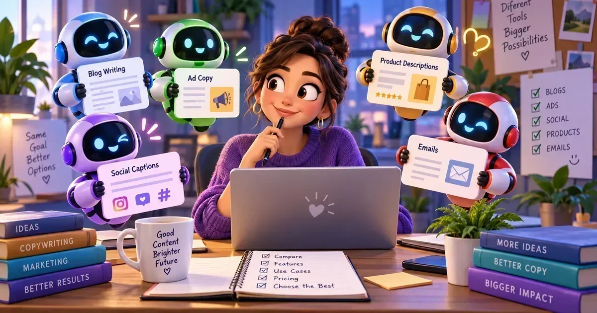 A woman at a laptop with a pen to her chin is surrounded by four smiling robots holding signs labeled Blog Writing, Ad Copy, Social Captions, Product Descriptions, and Emails.