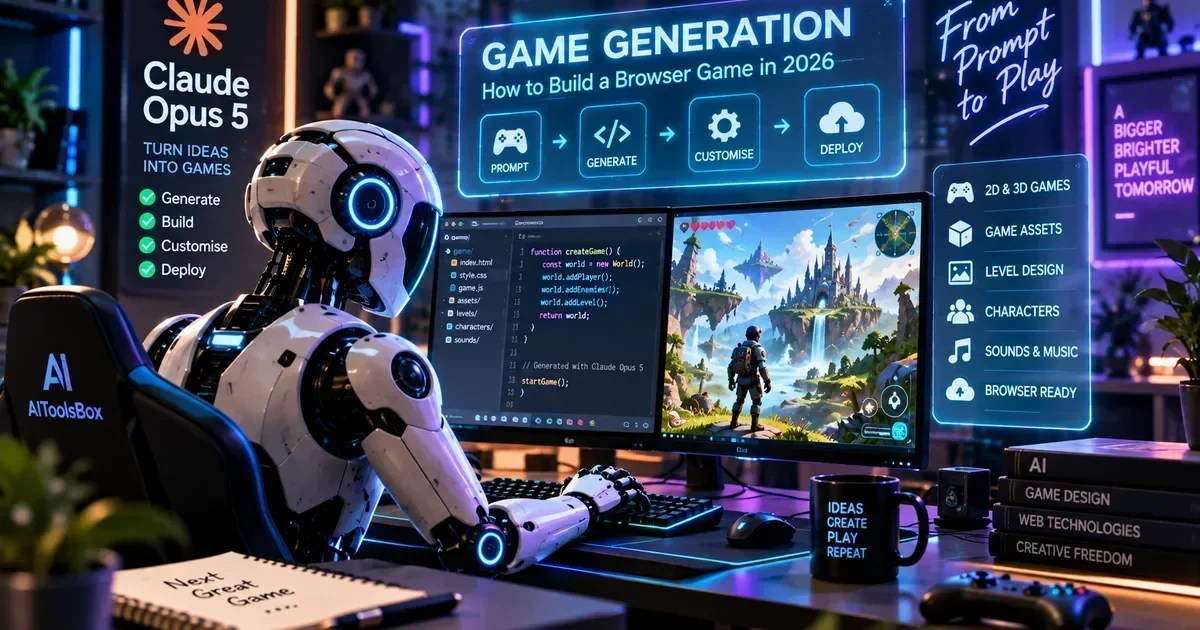 A humanoid robot sits at a desk with code and a fantasy game on dual monitors, surrounded by Claude Opus 5 game generation graphics.