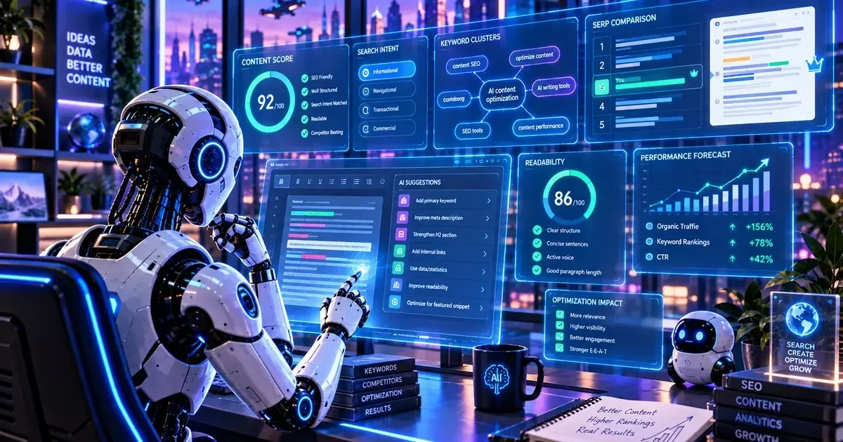 A humanoid robot analyzes AI SEO dashboards showing content scores, keyword clusters, readability, and traffic forecasts in a futuristic office.