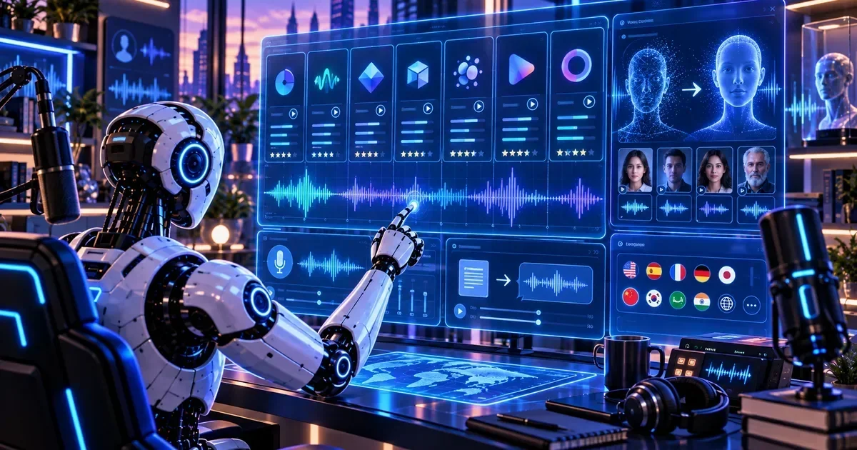 A humanoid robot points at a large blue holographic dashboard displaying audio waveforms, voice avatars, and language flags in a futuristic studio.