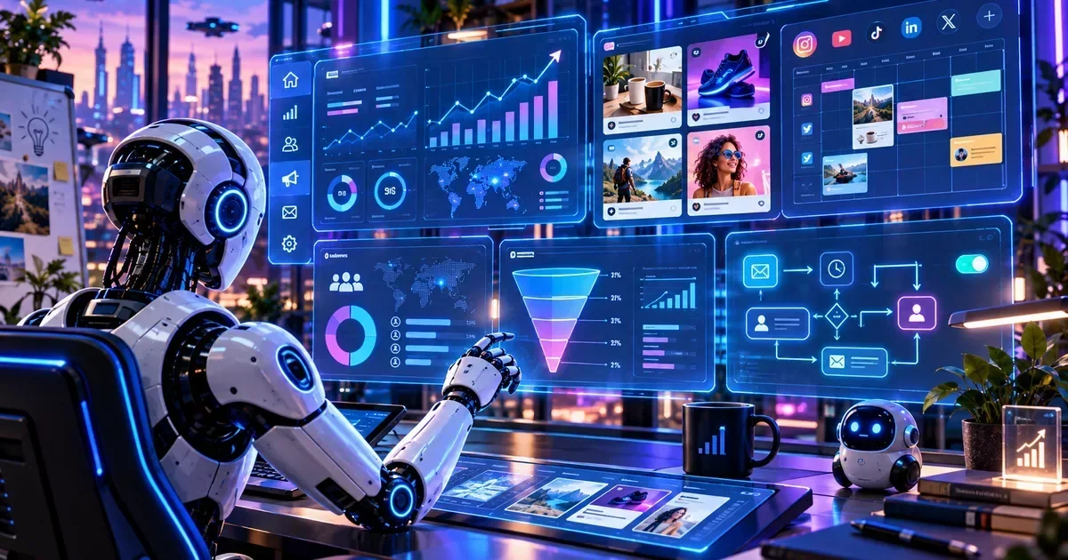 A humanoid robot analyzes glowing holographic marketing dashboards with charts, social media grids, and email workflows in a futuristic city office.