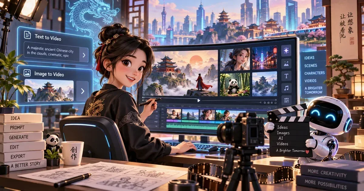 Animated girl at a desk using AI video editing software with text-to-video and image-to-video panels, a robot holding a clapperboard, and a futuristic Chinese city skyline.