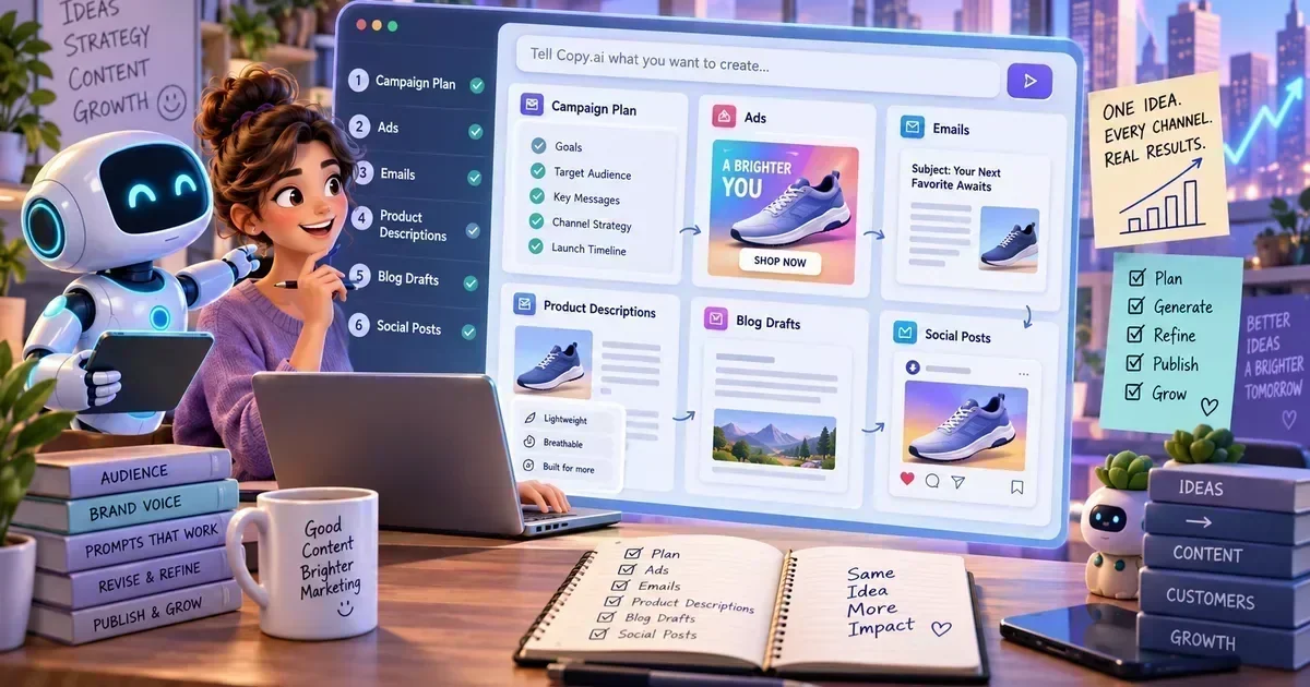 A woman and a robot collaborate at a desk with a laptop and a large screen showing Copy.ai's interface for generating campaign plans, ads, emails, product descriptions, blog drafts, and social po