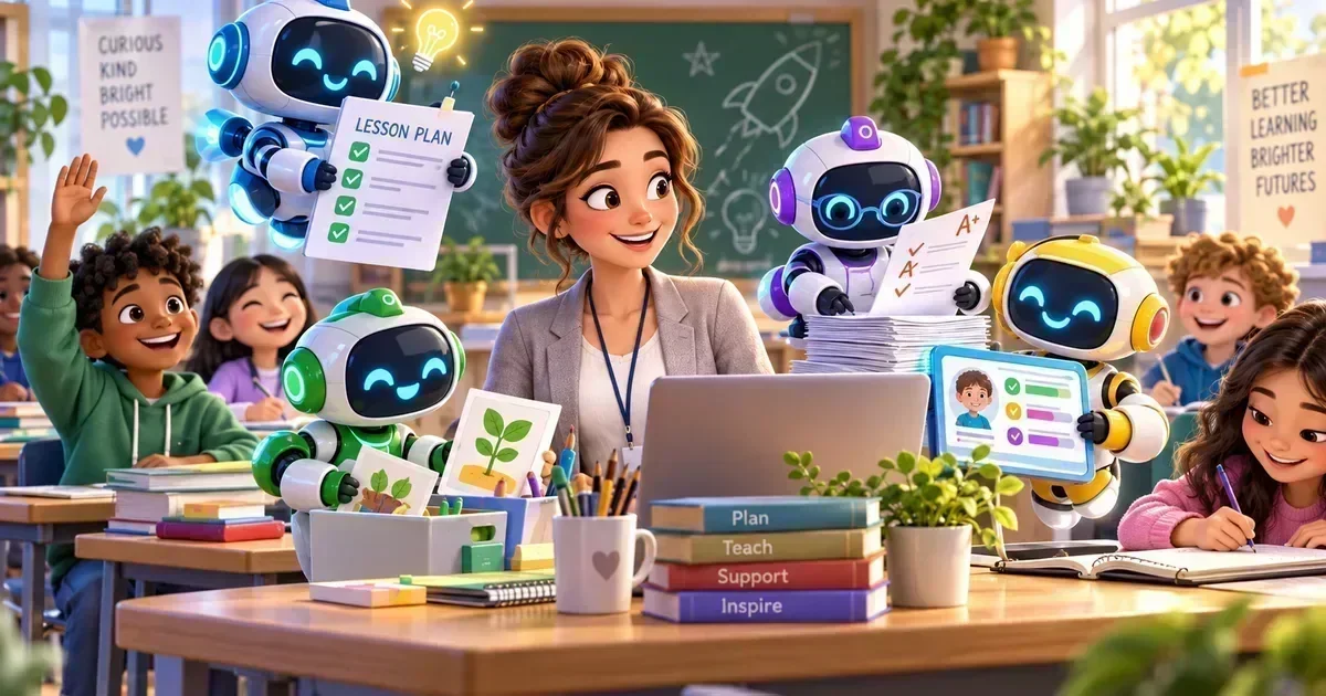 A smiling teacher in a classroom is surrounded by small robots holding a lesson plan, graded papers, and a student progress screen as children learn.