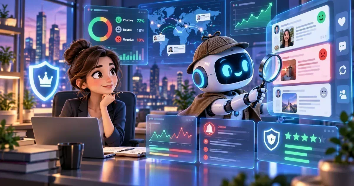 A woman at a desk with a laptop watches a robot in a deerstalker hat hold a magnifying glass beside floating holographic dashboards showing sentiment charts, social media posts, and a world map.