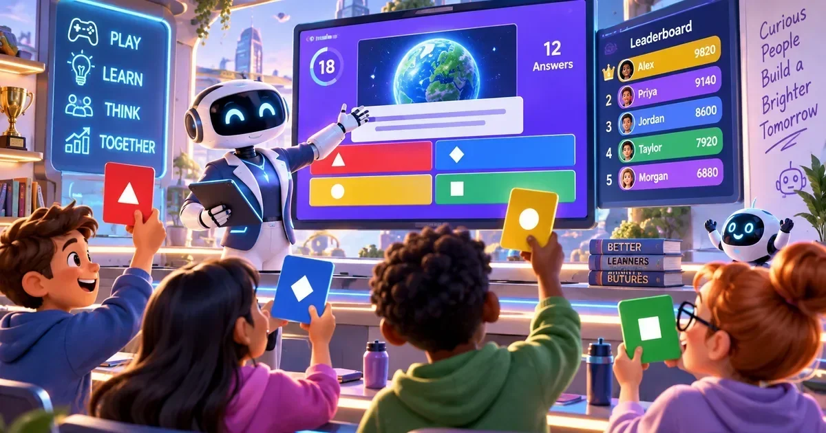 A robot teacher points to a screen showing Earth as children raise colored answer cards beside a digital leaderboard.