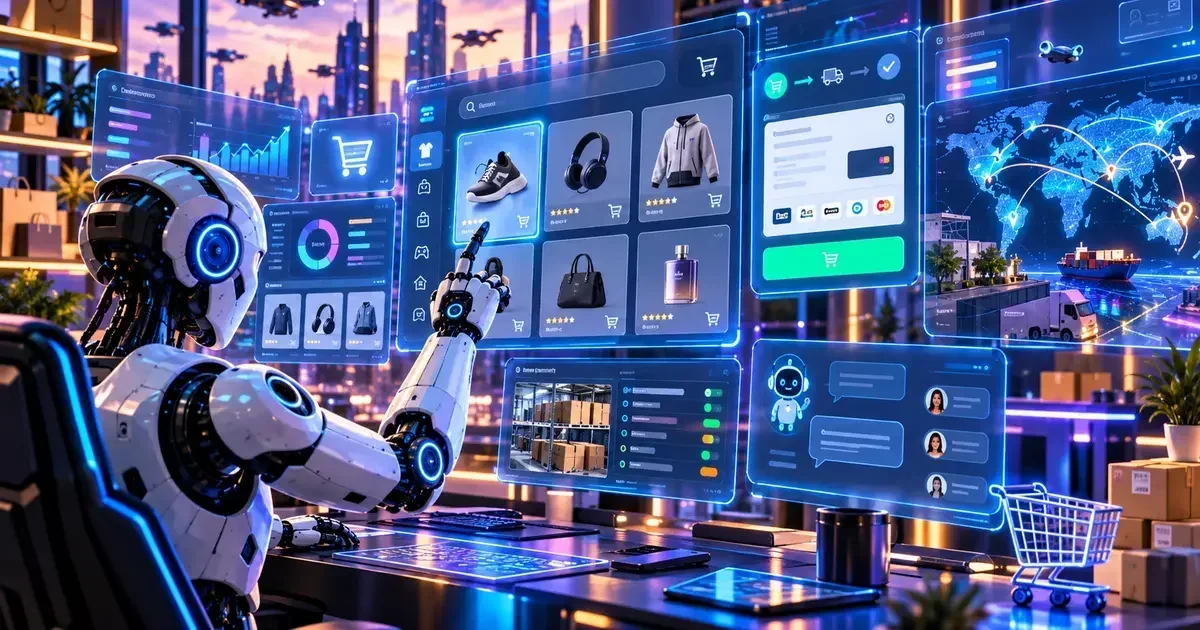 A humanoid robot points at a holographic ecommerce dashboard showing product listings, sales analytics, a global shipping map, and a customer chat interface.