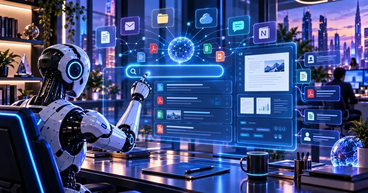 A humanoid robot points at a glowing blue search bar on a holographic screen displaying file icons and document previews in a high-rise office at dusk.