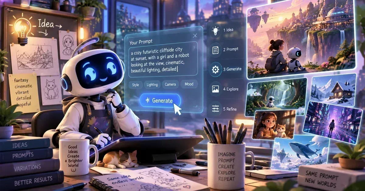 A robot artist at a desk types a detailed prompt into a glowing AI interface, surrounded by floating generated fantasy images and creative tools.