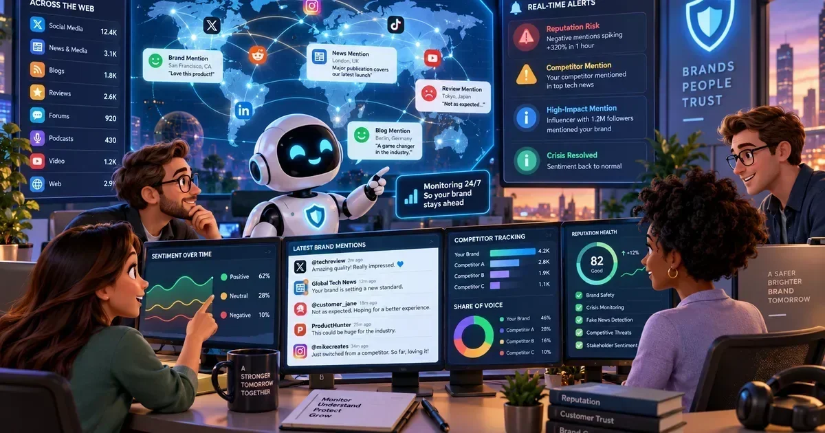 A team reviews social listening dashboards with a robot assistant, showing sentiment graphs, brand mentions, and real-time reputation alerts.
