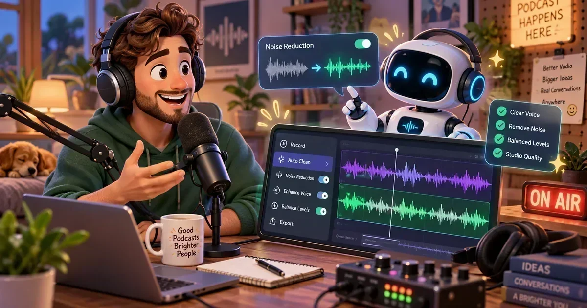 A smiling podcaster with headphones speaks into a mic beside a robot pointing at a screen showing noise reduction and audio editing tools.
