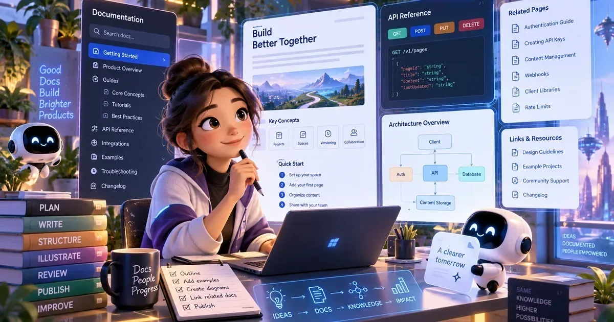 Animated woman writing at a laptop surrounded by floating GitBook documentation panels, API reference code, and architecture diagrams.