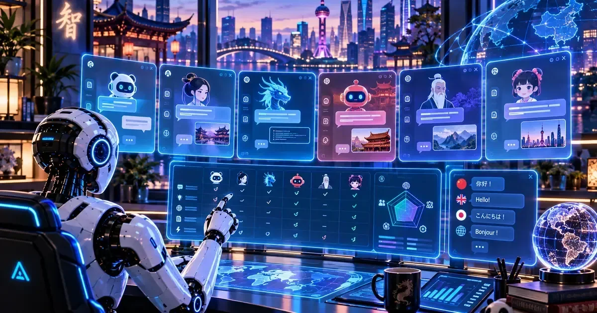 A humanoid robot interacts with six holographic chatbot interfaces featuring panda, dragon, and warrior avatars above a desk overlooking a futuristic Shanghai skyline.