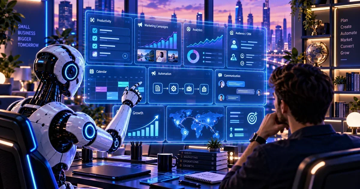 A humanoid robot points at a glowing blue dashboard of business analytics, marketing, and automation panels while a man watches in a city office at dusk.