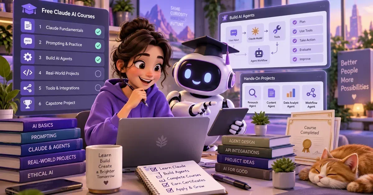 A young woman in a purple hoodie studies a laptop beside a robot wearing a graduation cap, surrounded by Claude AI course screens, books, and a sleeping cat.