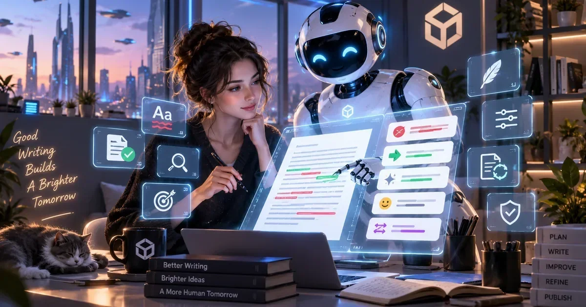 A woman reviews a holographic document with a robot assistant in a futuristic office, surrounded by editing icons and a sleeping cat.