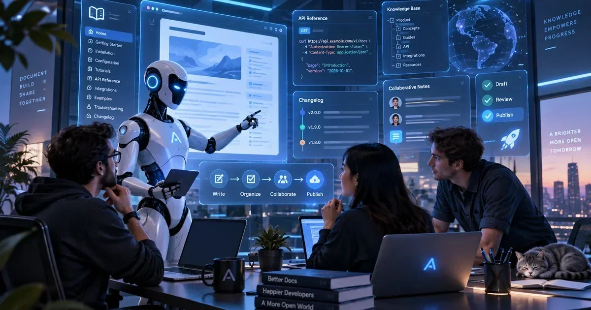 A humanoid robot points at floating holographic screens showing API references and changelogs while three developers watch in a dark office.