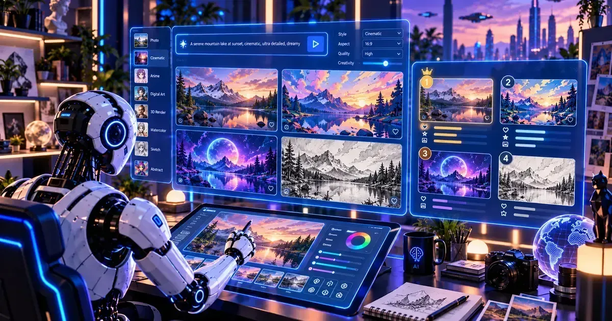 A humanoid robot uses a touchscreen to generate mountain landscape images on large blue holographic displays in a neon-lit futuristic studio.
