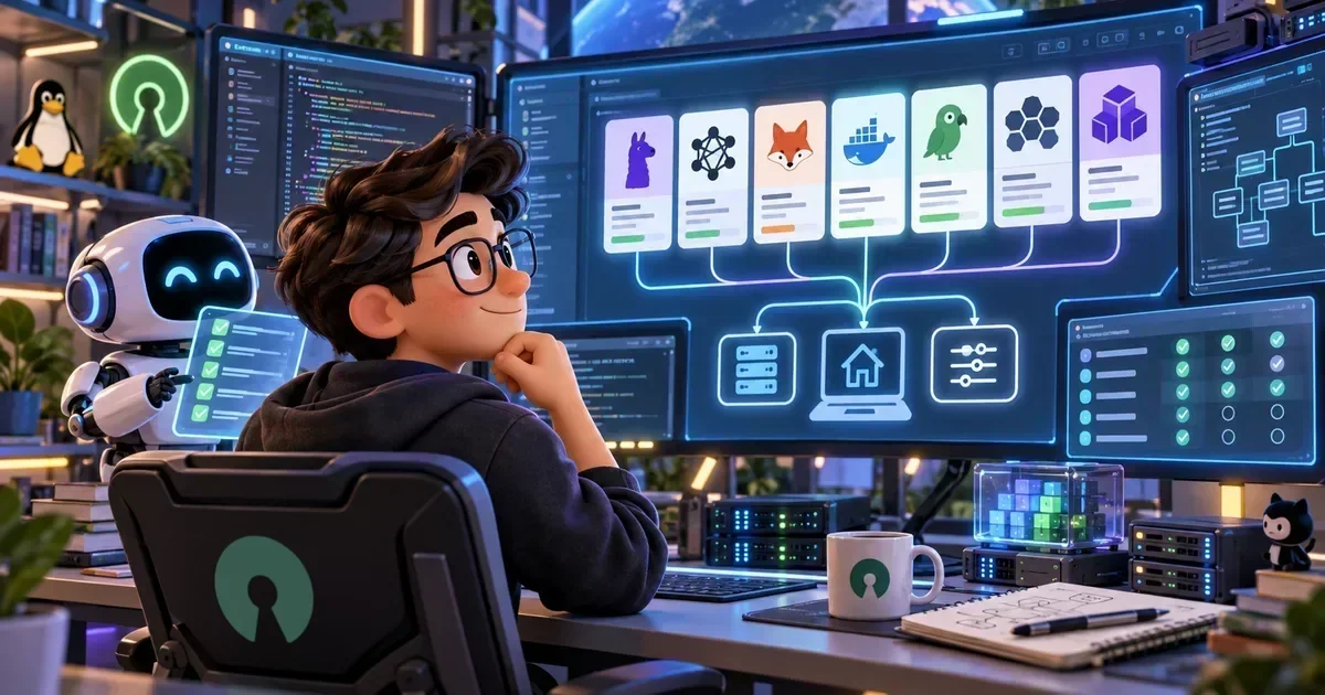 Animated developer at a multi-monitor desk with a robot assistant, viewing a flowchart of open-source software icons including a fox, parrot, and whale.