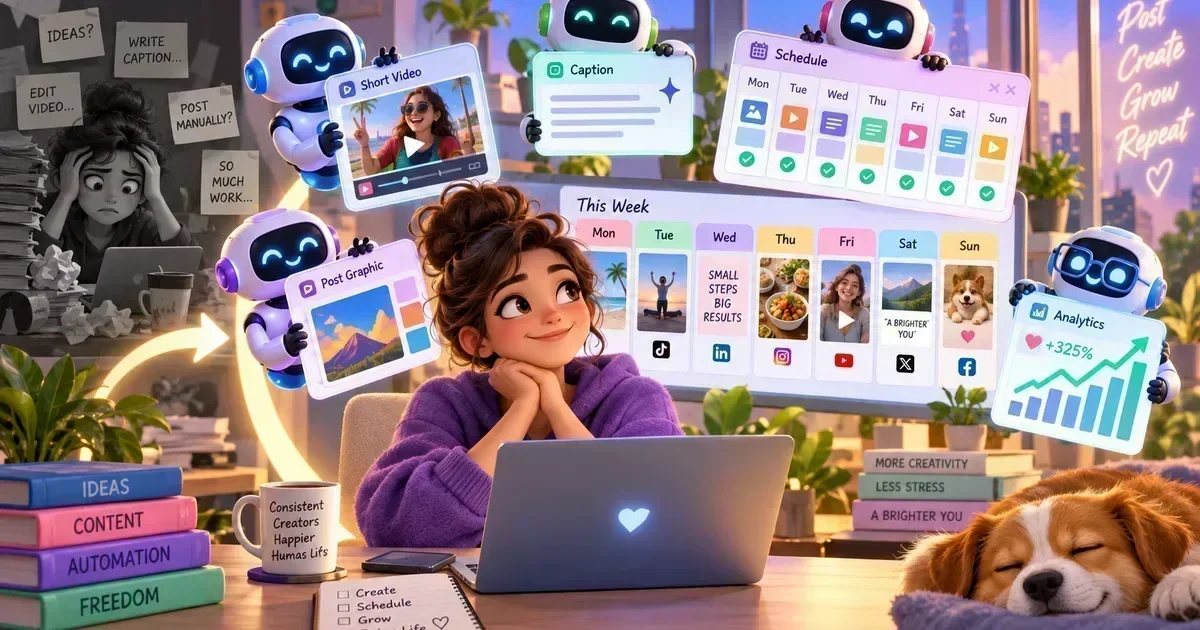 A smiling woman at a laptop is surrounded by cute robots holding content, caption, scheduling, and analytics cards, contrasting with a stressed creator on the left.