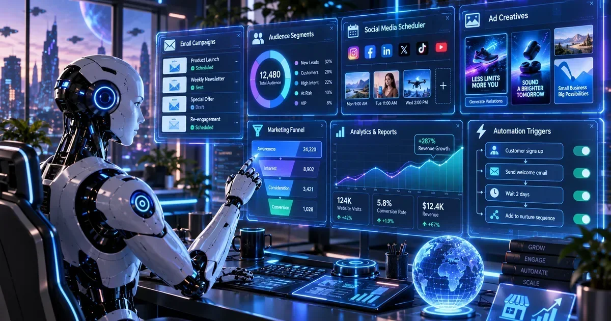 A humanoid robot interacts with floating holographic dashboards displaying email campaigns, audience segments, marketing funnels, and social media scheduling analytics.