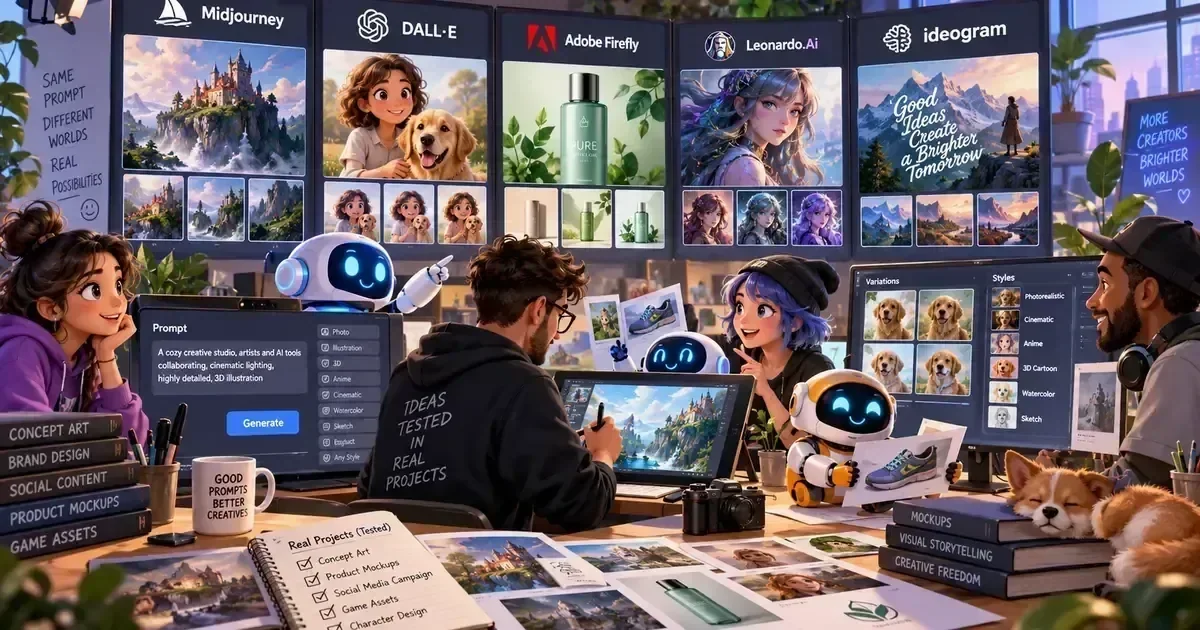 A creative studio scene with people and robots working at computers below large screens displaying AI-generated images from Midjourney, DALL-E, Adobe Firefly, Leonardo.Ai, and Ideogram.