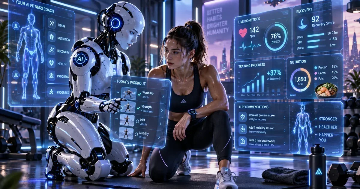 A humanoid AI robot kneels beside a female athlete in a gym, displaying holographic workout and biometric data screens.
