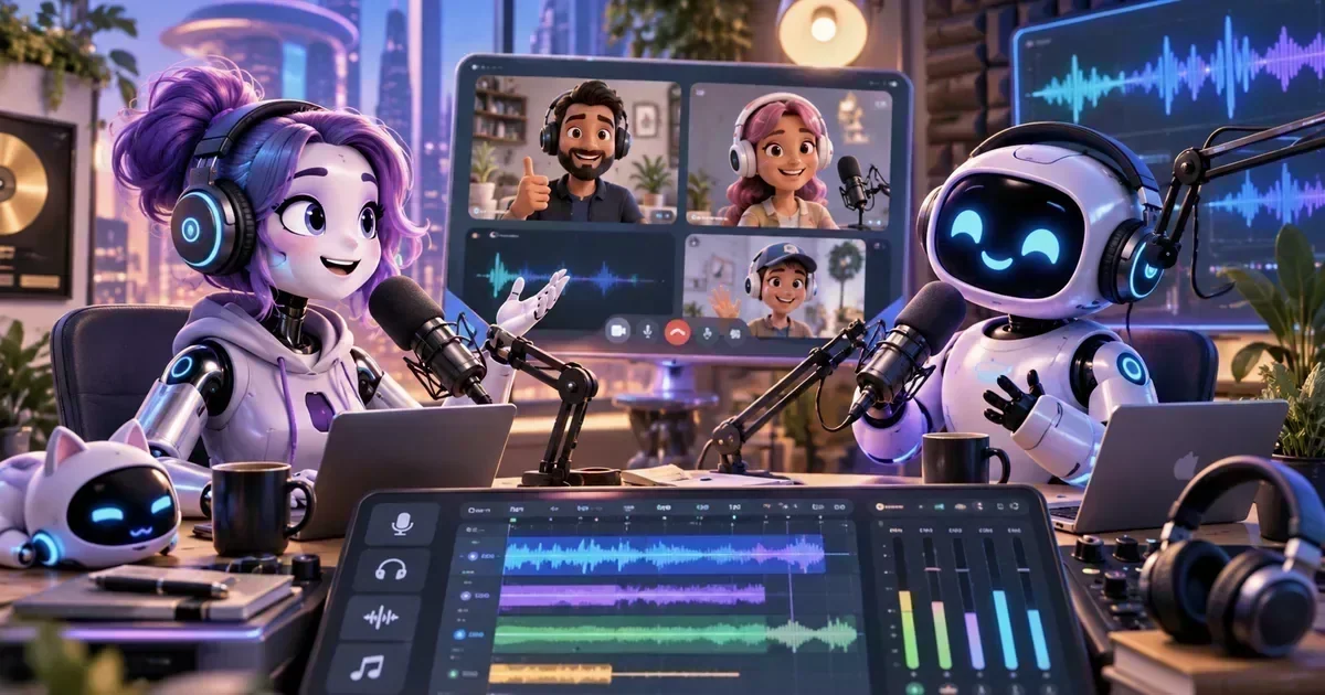 Two cartoon robots with microphones host a podcast in a studio, with a video call showing three guests on a screen behind them.