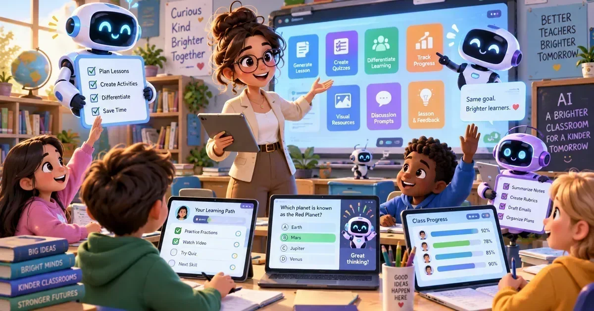 A teacher and students in a classroom using tablets and laptops displaying AI lesson-planning, quiz, and progress-tracking tools, with friendly robot assistants.