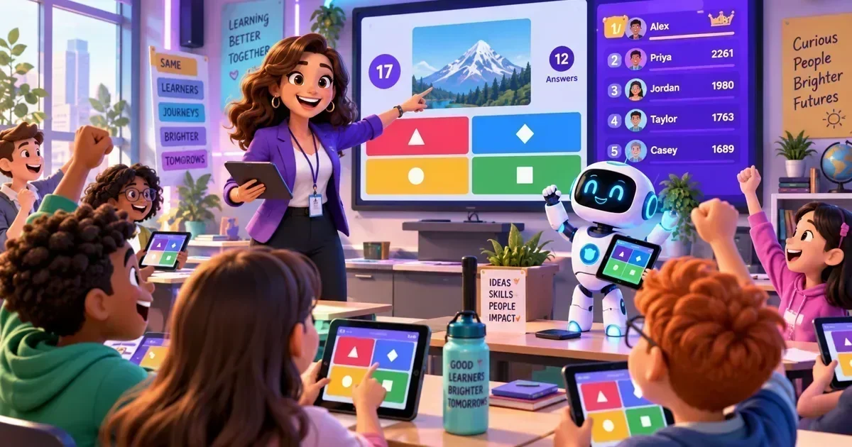 A teacher points at a quiz screen with a mountain image and colored shape buttons while students use tablets and a robot holds a device in a lively classroom.