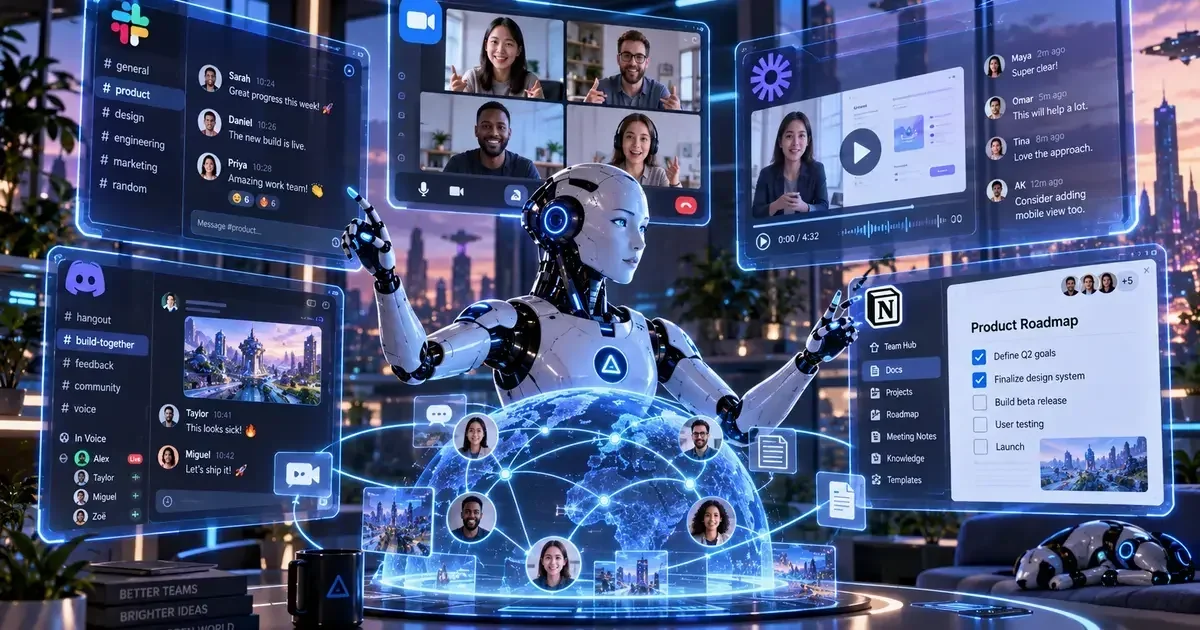 A humanoid robot gestures amid floating holographic screens showing Slack chats, a Teams video call, a Notion roadmap, and a glowing global network globe.