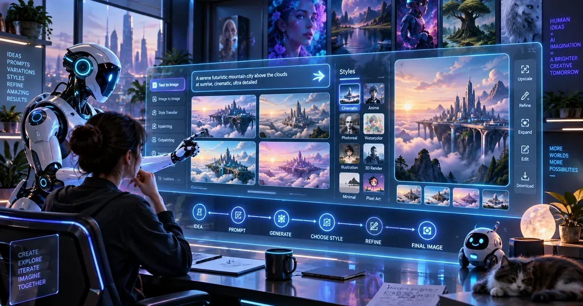 A woman and a humanoid robot use a large screen to generate a futuristic cloud city image from the text prompt "A serene futuristic mountain city above the clouds at sunrise.