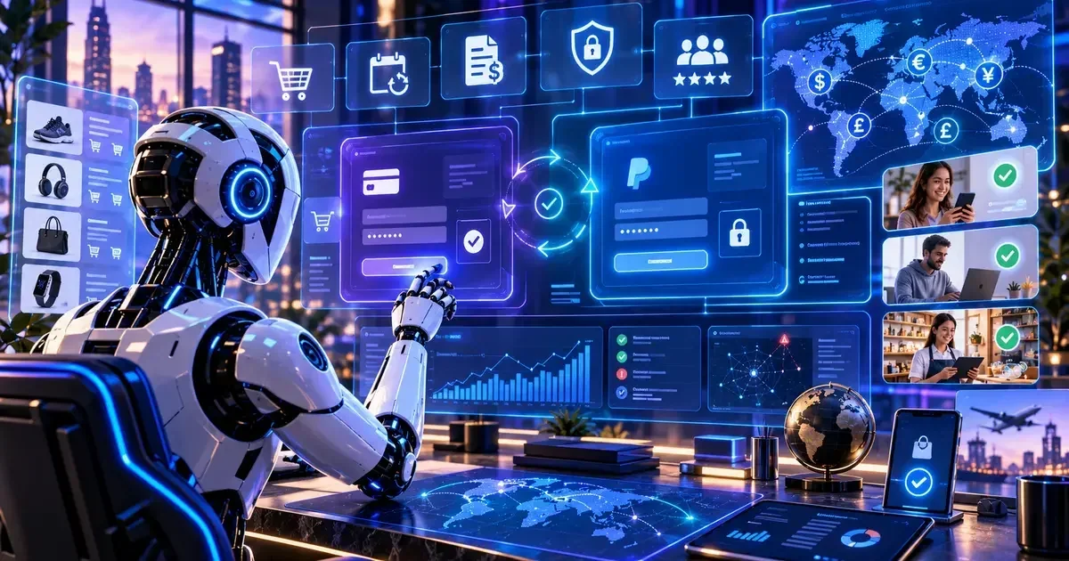 A humanoid robot interacts with glowing blue holographic screens showing a PayPal interface, shopping carts, a world map, and financial charts.