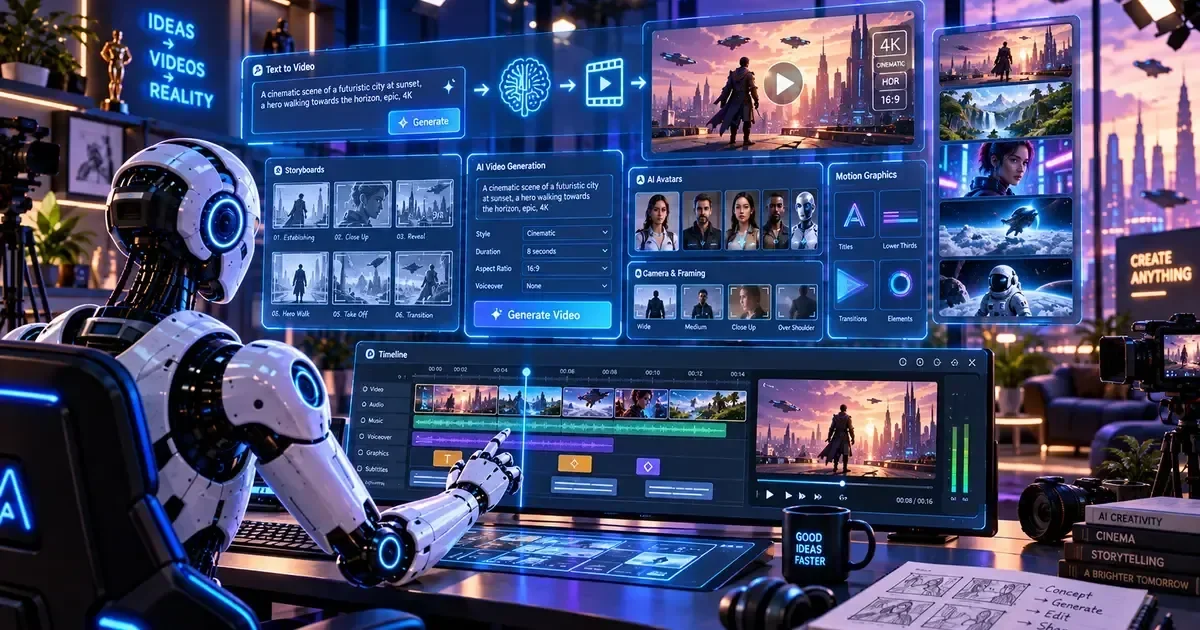 A humanoid robot operates a multi-panel AI video editing interface with timeline, storyboard, and 4K cinematic preview.