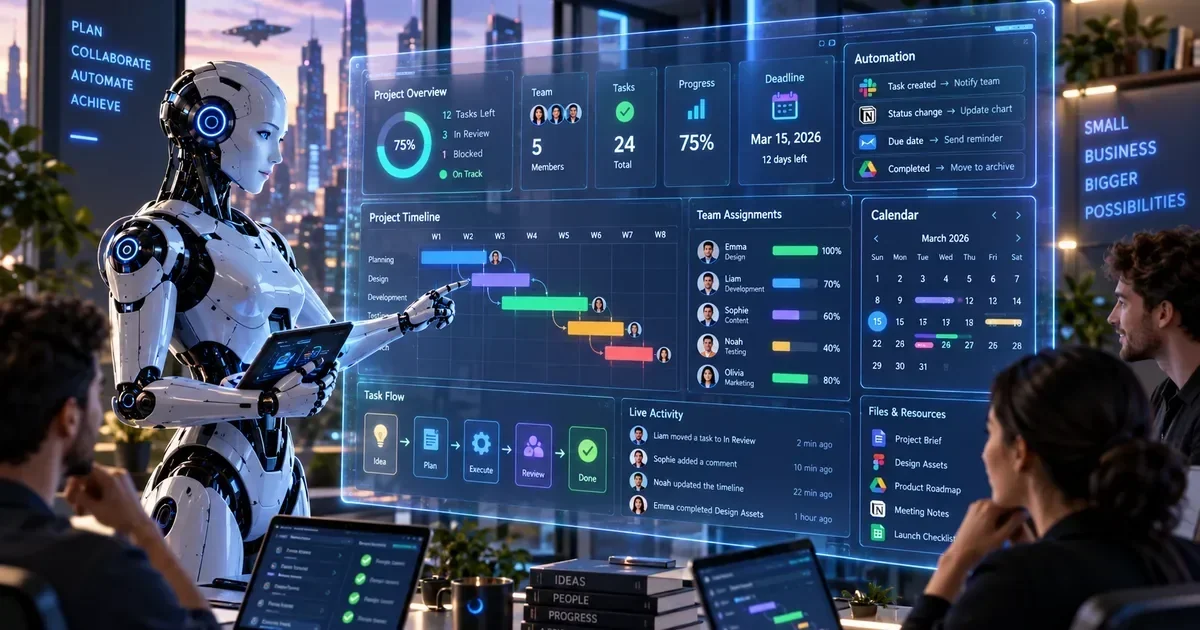 A humanoid robot points at a large holographic project management dashboard showing timelines, team assignments, and automation workflows as three people watch.