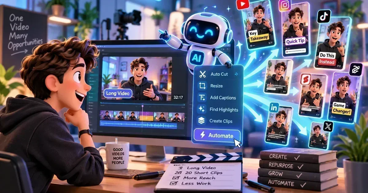 Animated creator watches an AI robot turn one long video into vertical clips for YouTube, Instagram, TikTok, and LinkedIn.