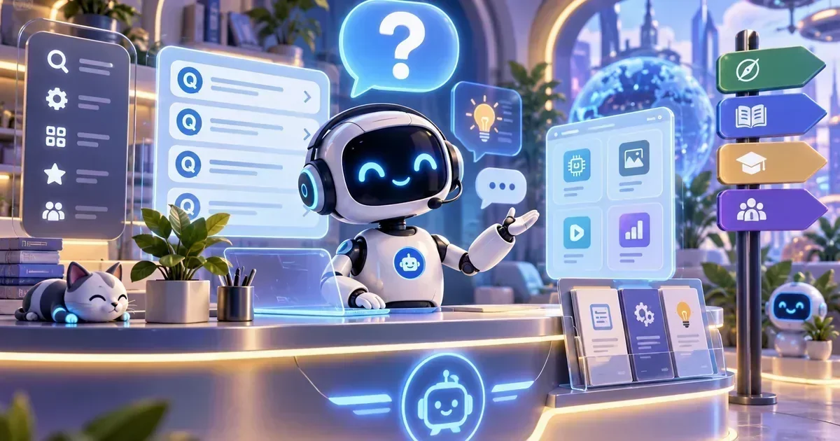 A smiling robot with headphones sits at a desk surrounded by floating holographic UI panels, a question mark bubble, and a directional signpost.