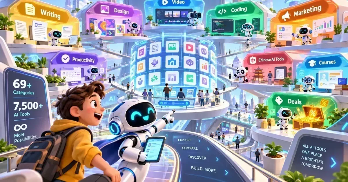 A boy and a robot look at a futuristic city of AI tool categories like Writing, Design, and Coding, with a sign reading 69+ Categories and 7,500+ AI Tools.