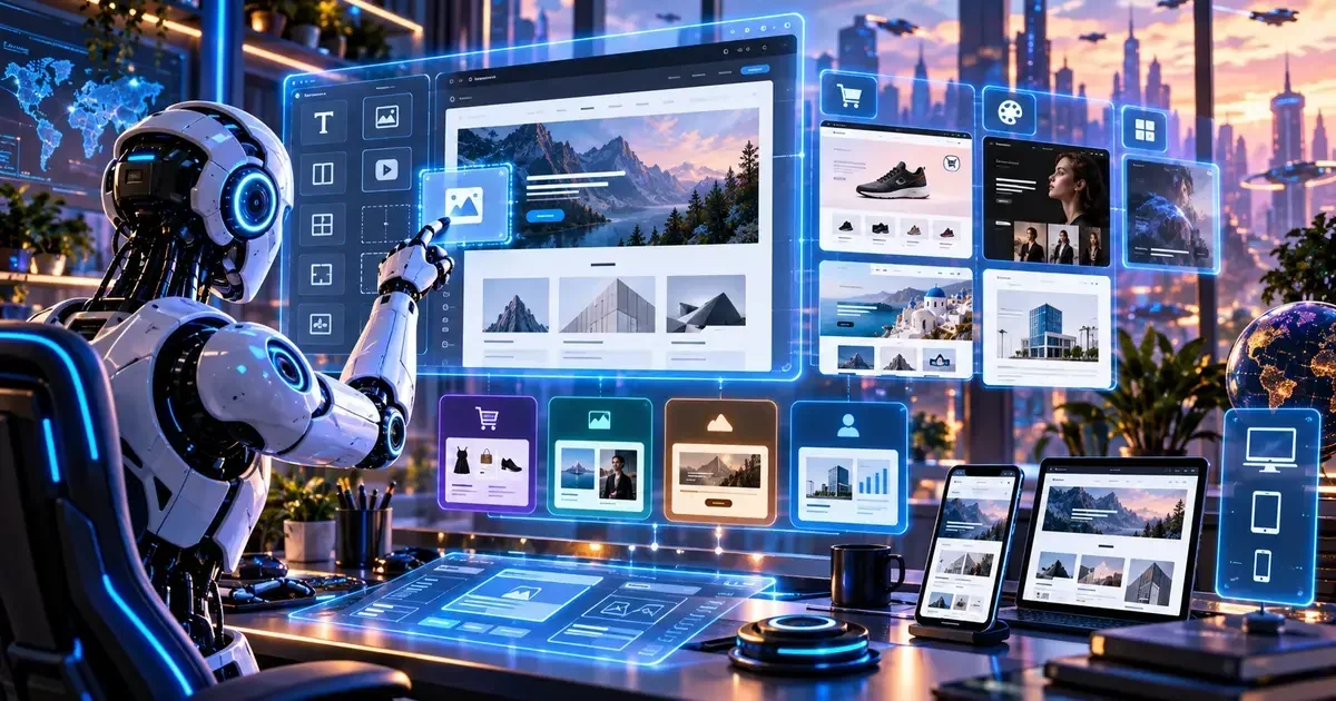 A humanoid robot assembles a website on a large blue holographic screen, surrounded by floating UI panels, a tablet, and a laptop in a futuristic city.