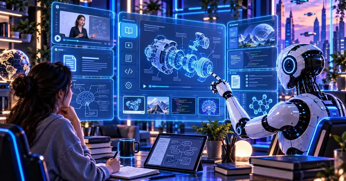 A student watches a robot point at a glowing blue holographic interface displaying 3D mechanical models, code, and video lessons above a desk with books and a tablet.