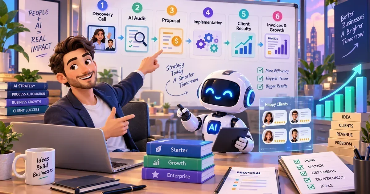 A man and a robot point at a six-step AI consulting workflow board, surrounded by business books, client reviews, and growth charts.