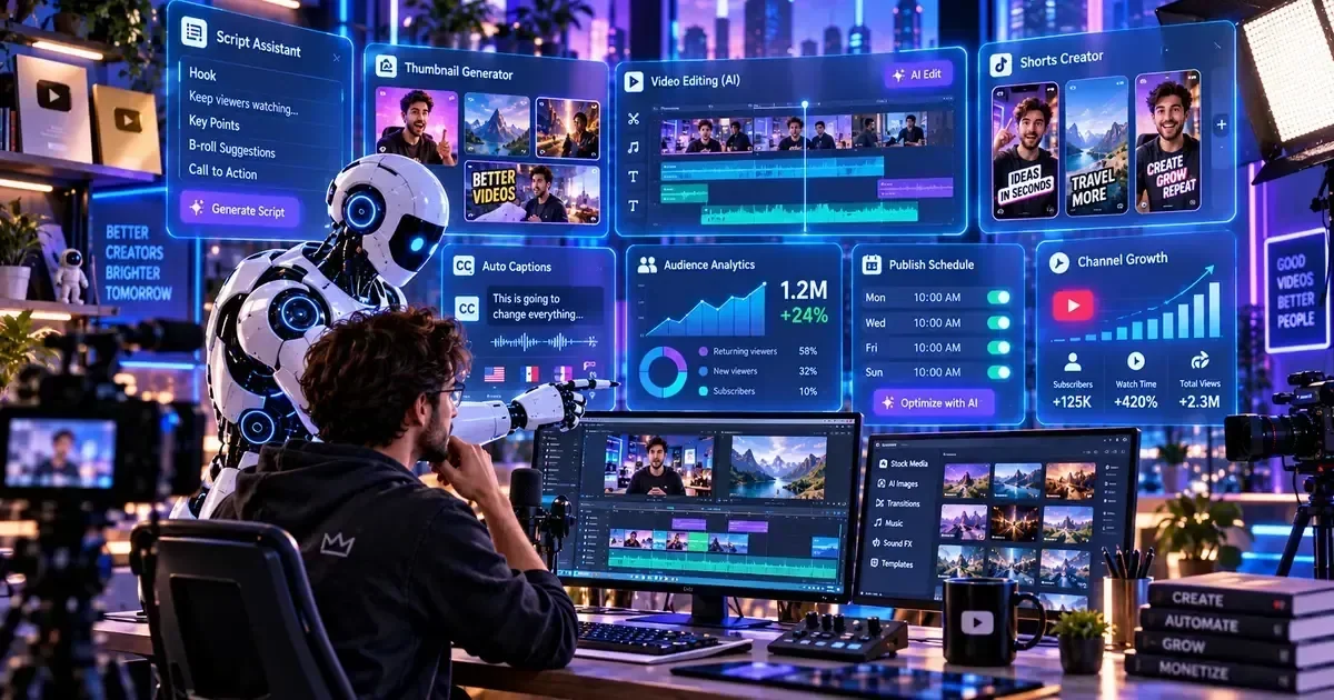 A man edits video beside a robot amid floating AI interface panels for scriptwriting, thumbnails, captions, and analytics.