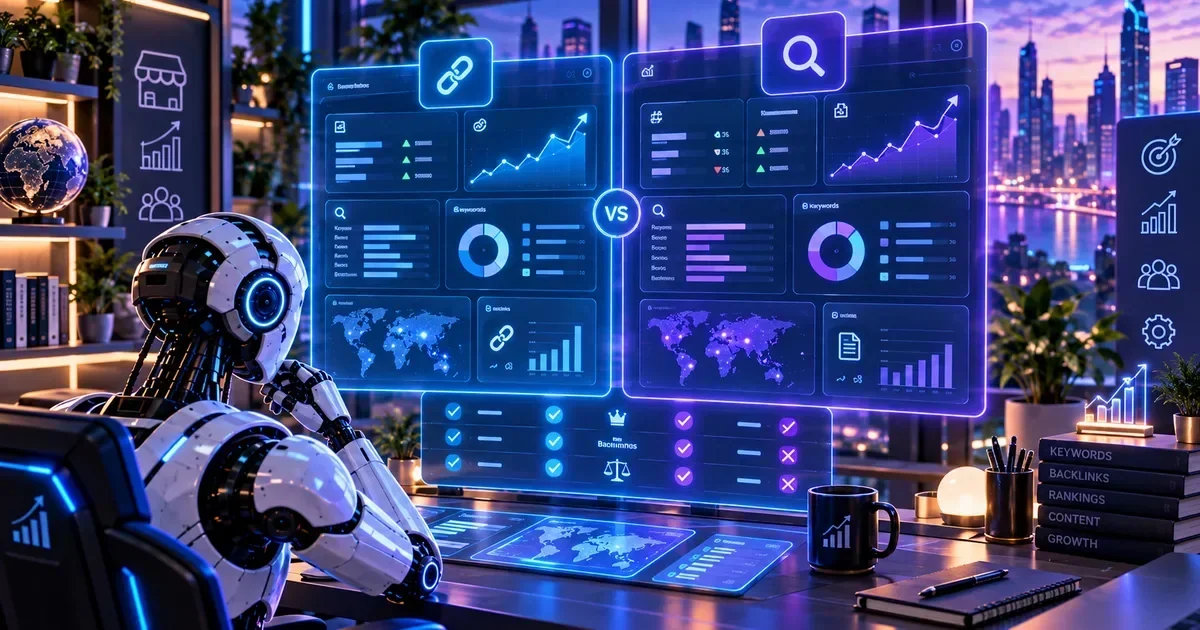 A robot sits at a desk comparing two glowing blue SEO analytics dashboards labeled with a VS symbol, surrounded by keyword and backlink books.